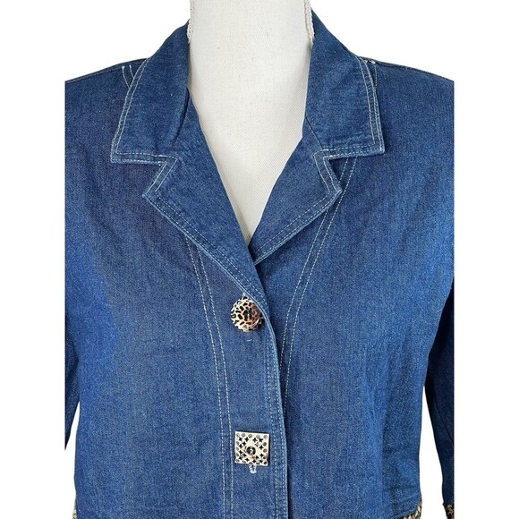 Vtg Nina Piccalino Sz 6 Boho Denim Crop Jacket Leopard Oriental 3/4 Sleeve USA - Picture 2 of 8
